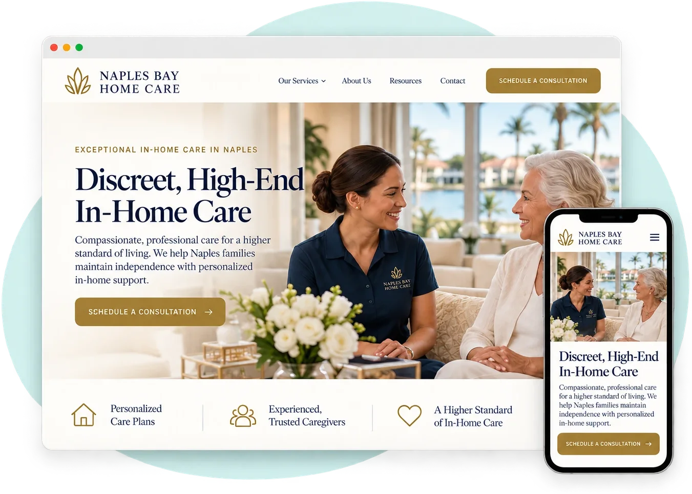 A home care website design concept for Naples Bay Home Care, shown in a desktop browser and on a phone