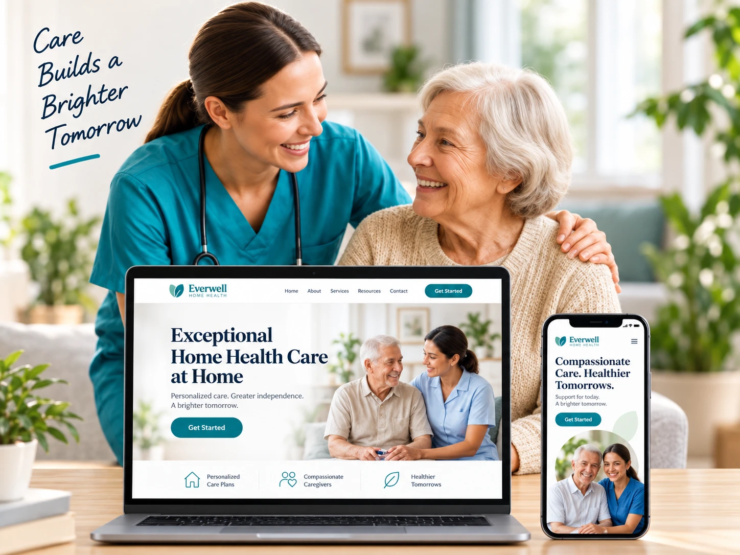 A home health nurse and an older woman smiling together, with a home health agency website shown on a laptop and a phone