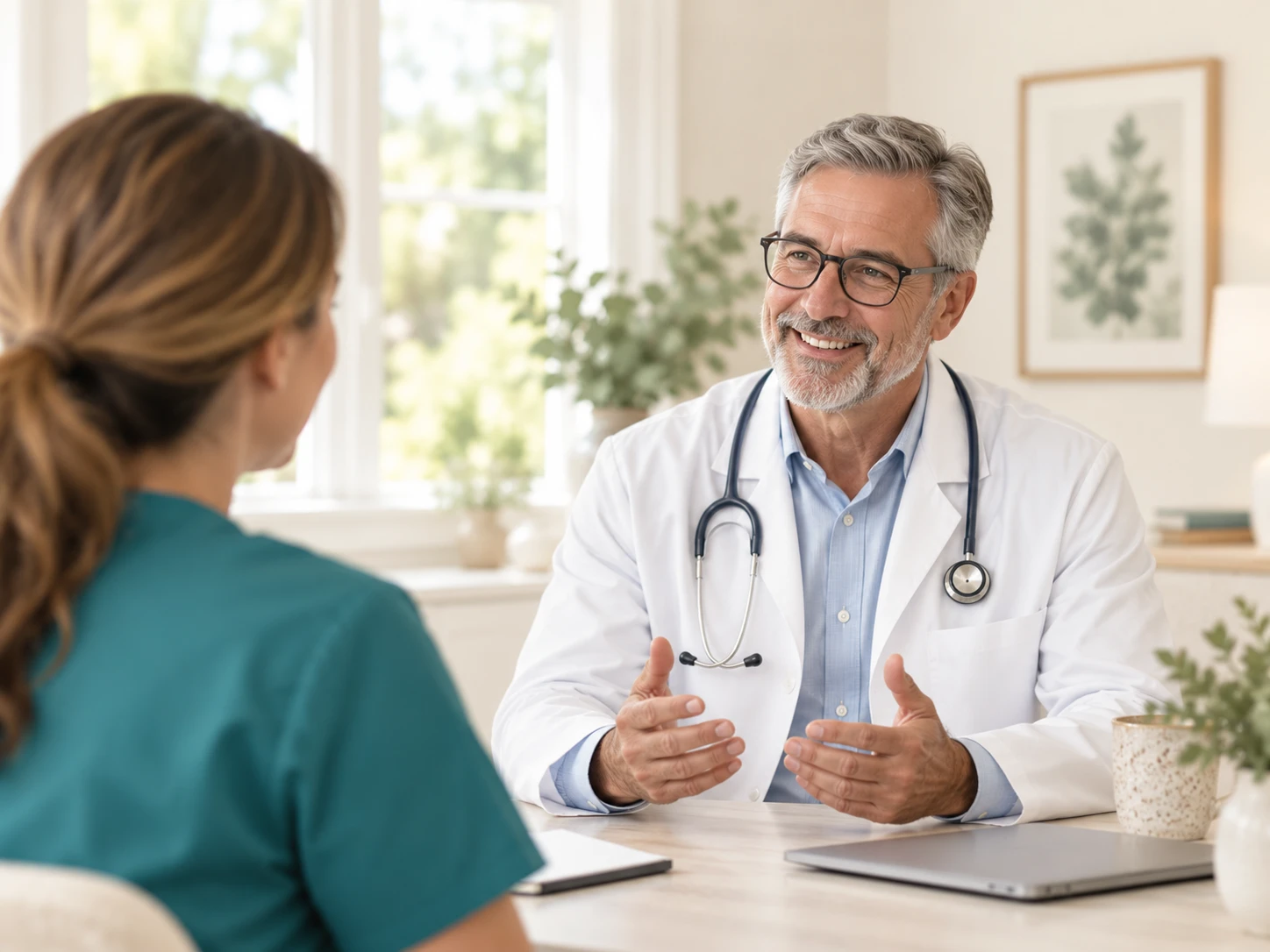 A physician in a white coat talking with a nurse across a desk