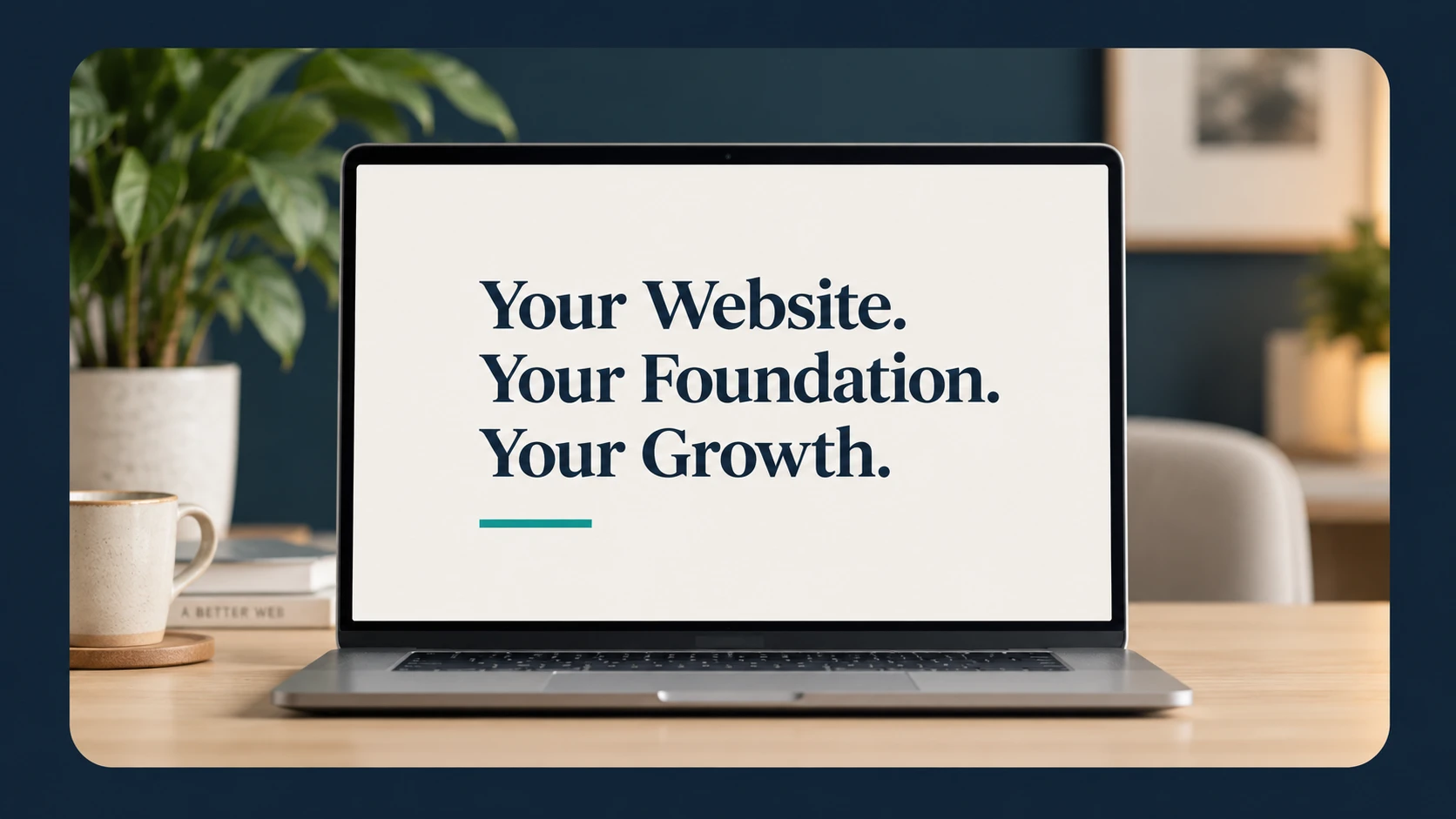 A laptop on a desk showing the words: your website, your foundation, your growth
