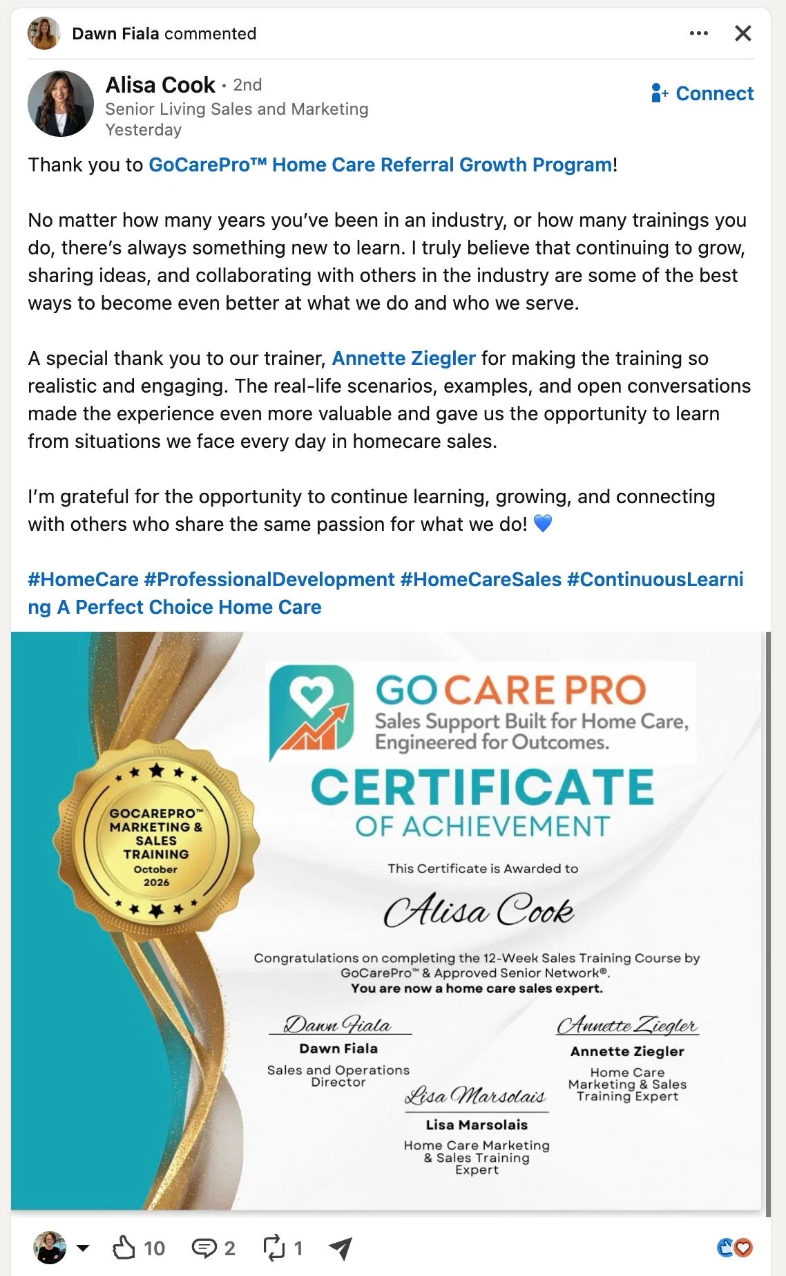 Alisa Cook's LinkedIn post thanking the GoCarePro Home Care Referral Growth Program and trainer Annette Ziegler, with her GoCarePro Certificate of Achievement for completing the 12-week course in October 2026.