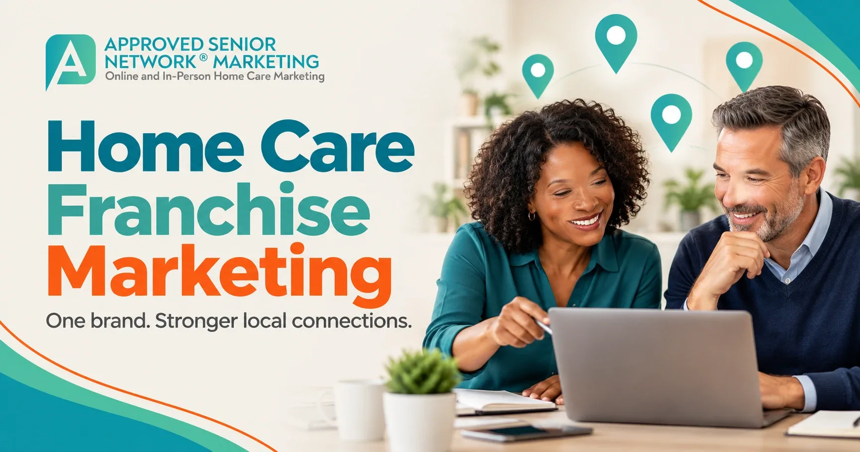 Two home care franchise owners reviewing local markets on a laptop under map pins, beside the headline Home Care Franchise Marketing.