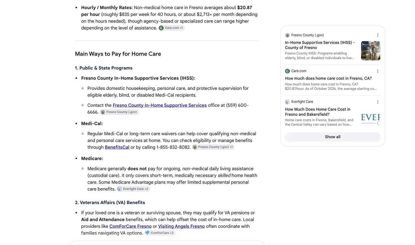 Google AI Overview on paying for home care in Fresno citing Everlight Care on Medicare coverage and listing its Fresno and Bakersfield cost page among the sources