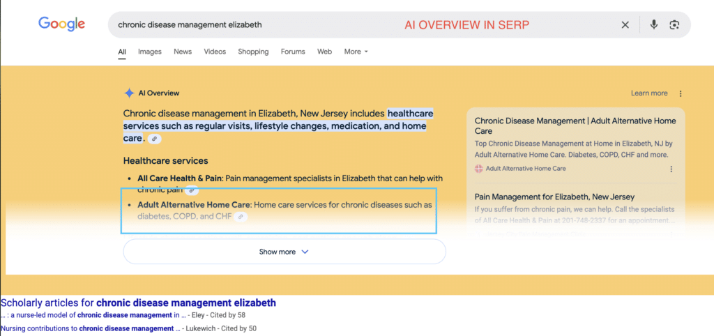 Approved Senior Network Client, Home Care SEO, Elizabeth, AI Overview in SERPS