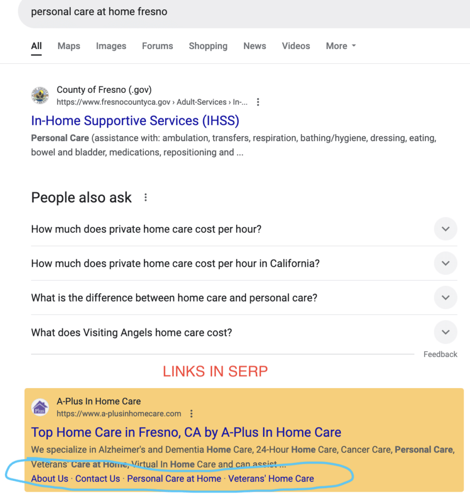 Approved Senior Network Client, Home Care SEO, Fresno, Links in SERPS